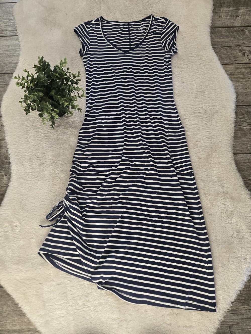 Toad & Co. Navy & White Striped Asymmetrical Nautical Minimalist Fitted Dress XS